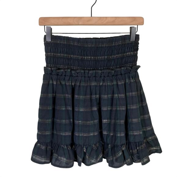 Madewell Black Shiny Plaid Ruffle Smocked Waist Mini Skirt - Picture 1 of 5